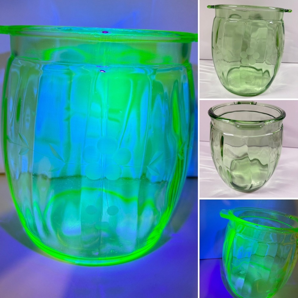 URANIUM Vintage Green Glass Cookie Jar Etched Floral Optic Rib GLOWS 6.75" NICE